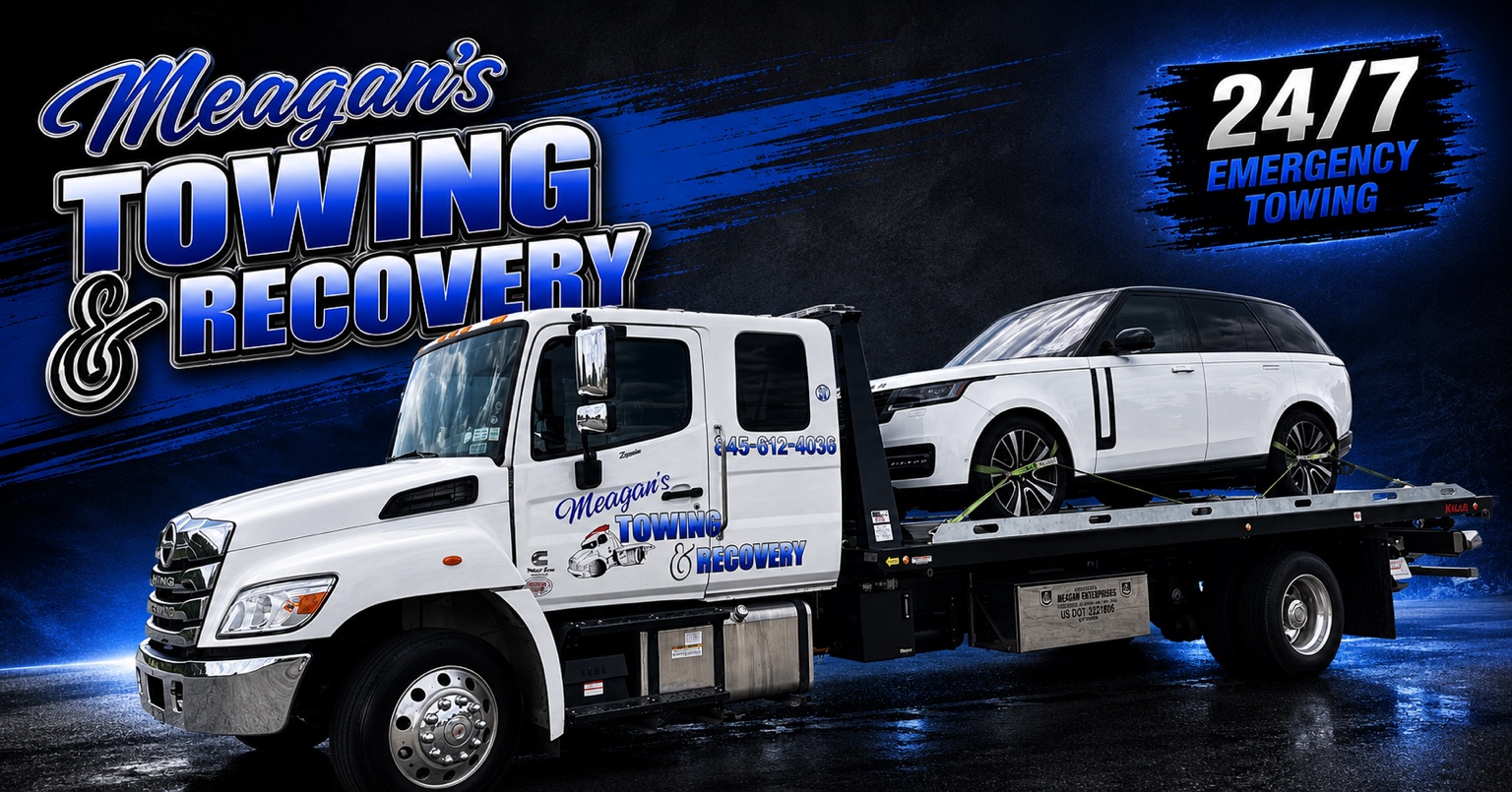 Meagan's Towing & Recovery rollback carrying a white Range Rover